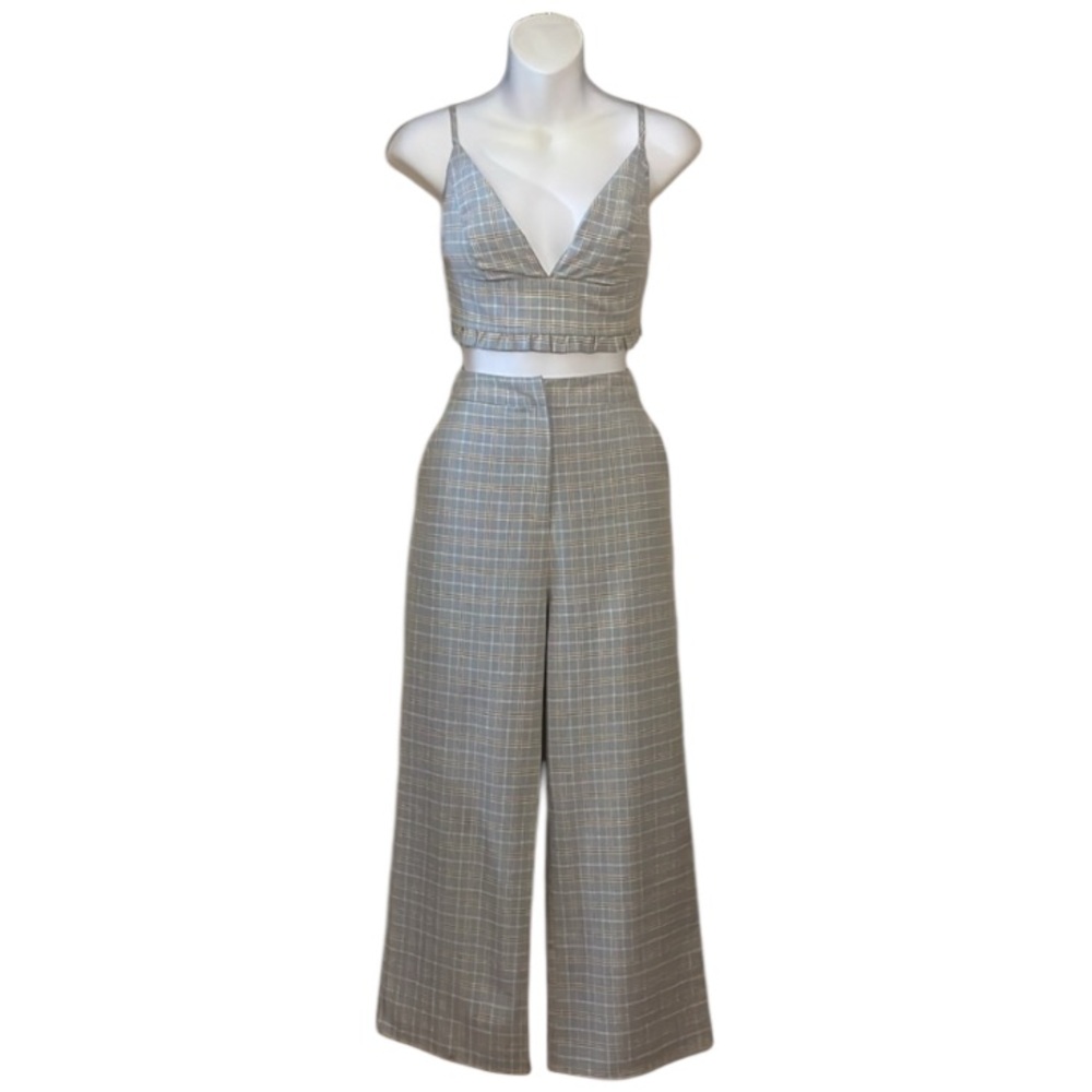 Blue Blush Blue and Brown Plaid Wide Leg Crop Top Outfit Size Small